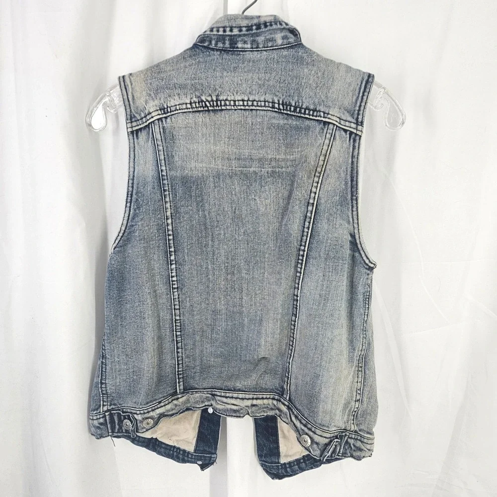 Vintage y2k Distressed Studded Denim Trucker Punk Grunge Jean Jacket Vest‎ Jr Sm